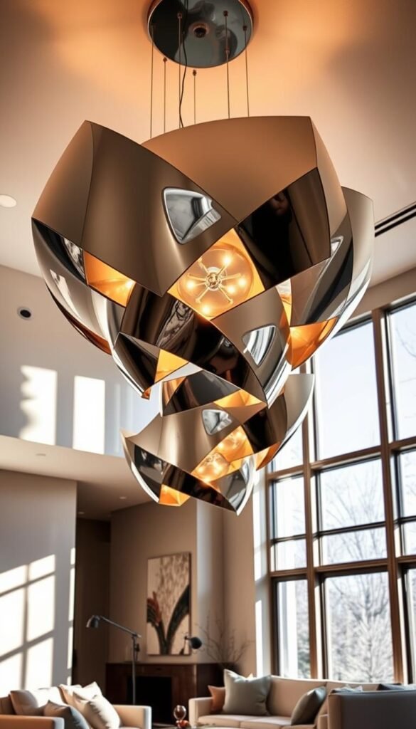 metallic statement ceiling fixtures with a modern, minimalist design in a high-ceilinged living room. the fixtures are composed of sleek, interlocking geometric shapes in a shiny chrome finish that reflect the warm lighting, creating a mesmerizing, almost kinetic effect. the fixtures are suspended from thin, barely visible wires, appearing to float effortlessly above a neutral-toned seating area with plush, inviting furniture. large windows flood the space with natural light, casting dramatic shadows and highlights that complement the metallic accents. the overall atmosphere is one of sophisticated elegance and understated luxury.