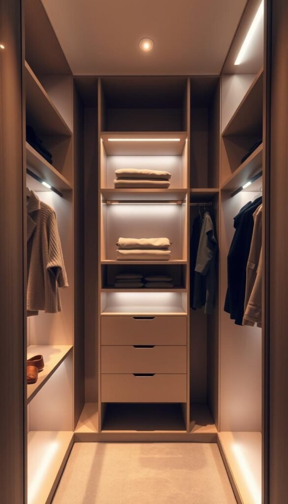 A beautifully lit modern wardrobe interior, showcasing an elegant and functional design. The wardrobe's shelves and hanging rods are bathed in a warm, diffused glow from a seamlessly integrated lighting system. The lighting fixtures are recessed, casting a gentle illumination that highlights the carefully curated clothing and accessories. The wardrobe's clean lines and minimalist aesthetic create a luxurious and serene atmosphere, perfect for a small but well-organized bedroom. Soft shadows add depth and dimension, while the overall lighting scheme enhances the wardrobe's practical and aesthetic appeal.