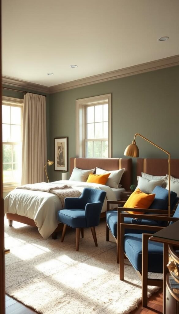 A bedroom with a cohesive color palette, bathed in warm, inviting natural light filtering through large windows. The walls are painted in a soothing, muted shade of sage green, complemented by soft ivory textiles and rich walnut wood furnishings. A plush, neutral-toned area rug grounds the space, adding texture and depth. Subtle pops of color, such as a mustard yellow throw pillow and a navy blue armchair, create visual interest without overwhelming the overall harmony. The lighting is a combination of recessed ceiling fixtures and a modern, brass-finished floor lamp, casting a cozy, ambient glow throughout the room. The overall mood is one of tranquility, sophistication, and a sense of balance. A bedroom with a cohesive color palette, bathed in warm, inviting natural light filtering through large windows. The walls are painted in a soothing, muted shade of sage green, complemented by soft ivory textiles and rich walnut wood furnishings. A plush, neutral-toned area rug grounds the space, adding texture and depth. Subtle pops of color, such as a mustard yellow throw pillow and a navy blue armchair, create visual interest without overwhelming the overall harmony. The lighting is a combination of recessed ceiling fixtures and a modern, brass-finished floor lamp, casting a cozy, ambient glow throughout the room. The overall mood is one of tranquility, sophistication, and a sense of balance.