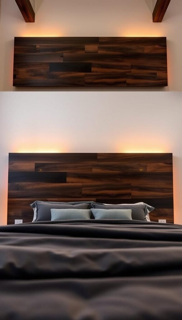 A bold, masculine statement bed headboard made of dark-stained reclaimed wood, with a rugged, weathered texture and a modern, minimalist design. The headboard is the centerpiece of the room, casting warm, soft lighting from hidden LEDs that create a cozy, intimate atmosphere. The camera angle captures the headboard from a low perspective, emphasizing its striking, commanding presence against a backdrop of neutral-toned walls and a simple, tailored bedding set in muted shades of gray and navy. A bold, masculine statement bed headboard made of dark-stained reclaimed wood, with a rugged, weathered texture and a modern, minimalist design. The headboard is the centerpiece of the room, casting warm, soft lighting from hidden LEDs that create a cozy, intimate atmosphere. The camera angle captures the headboard from a low perspective, emphasizing its striking, commanding presence against a backdrop of neutral-toned walls and a simple, tailored bedding set in muted shades of gray and navy.