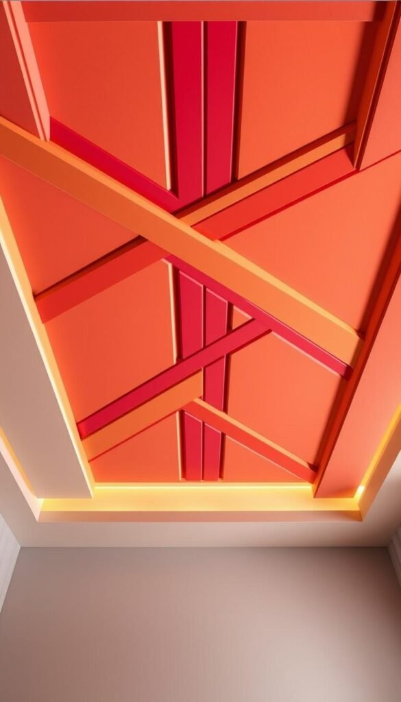 A bold, vibrant ceiling panel design featuring a striking, asymmetric pattern of intersecting lines and geometric shapes in a vivid, saturated color palette. The composition has a sleek, modern aesthetic, with a sense of dynamism and energy created by the angular, interlocking forms. The lighting is clean and directional, casting dramatic shadows that accentuate the depth and dimensionality of the design. The overall atmosphere is one of bold, confident sophistication, perfectly suited to a contemporary, minimalist bedroom setting.