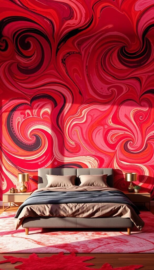 A bold, vibrant mural wallpaper adorns the bedroom, commanding attention. Swirling, abstract patterns in rich, saturated hues of red, orange, and pink create a dynamic, energetic backdrop. Dramatic lighting casts dramatic shadows, adding depth and texture to the design. The wallpaper extends from floor to ceiling, filling the space with a sense of grandeur and making a bold, unapologetic statement. Hints of metallic accents, perhaps in the form of carefully placed light fixtures or decorative elements, catch the light and add visual interest. The overall effect is one of confident, modern style that turns the bedroom into a captivating, gallery-like space. A bold, vibrant mural wallpaper adorns the bedroom, commanding attention. Swirling, abstract patterns in rich, saturated hues of red, orange, and pink create a dynamic, energetic backdrop. Dramatic lighting casts dramatic shadows, adding depth and texture to the design. The wallpaper extends from floor to ceiling, filling the space with a sense of grandeur and making a bold, unapologetic statement. Hints of metallic accents, perhaps in the form of carefully placed light fixtures or decorative elements, catch the light and add visual interest. The overall effect is one of confident, modern style that turns the bedroom into a captivating, gallery-like space.
