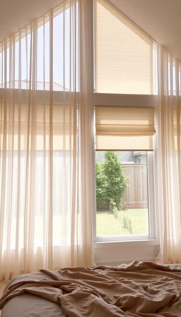 A bright, airy bedroom with large, floor-to-ceiling windows overlooking a peaceful garden. Gently cascading sheer curtains in a soft, neutral tone filter the natural light, creating a warm, diffused ambiance. Sleek, minimalist window treatments - Roman shades or honeycomb blinds - in a matching fabric provide adjustable privacy control, allowing you to bathe the space in natural radiance or block it out as needed. The overall aesthetic is one of understated elegance, where the interplay of light, texture, and form come together to craft a serene, restorative atmosphere.
