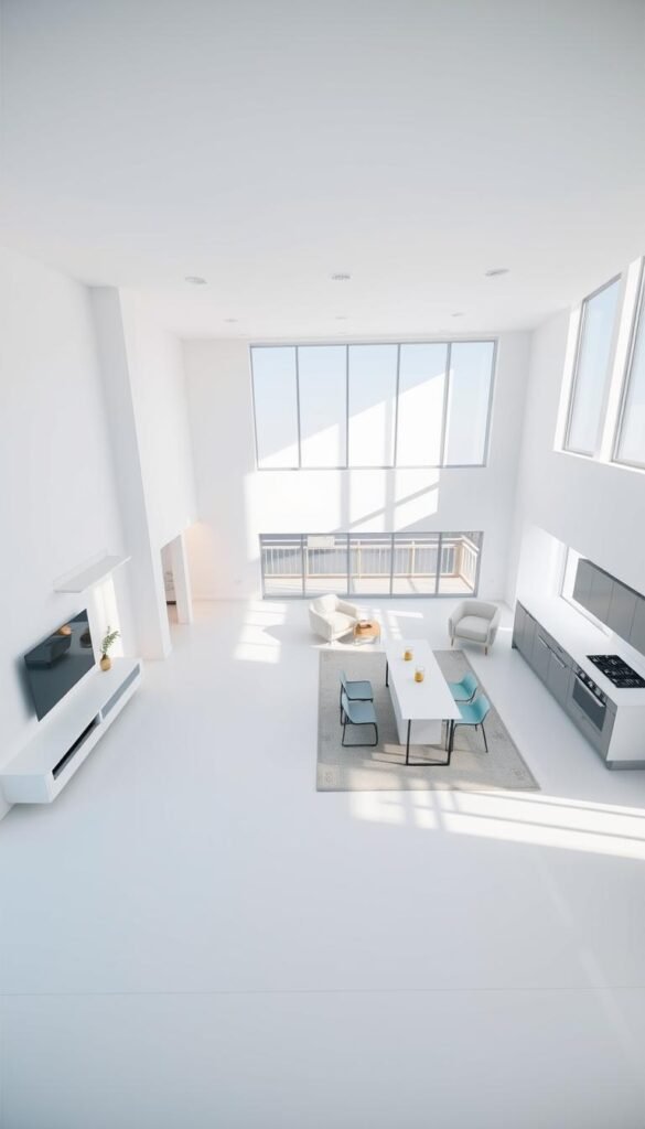 A bright, airy open floor plan with a minimalist, modern aesthetic. The living room, dining area, and kitchen seamlessly flow together, creating a sense of spaciousness and connectivity. Large windows bathe the space in natural light, casting a warm glow across the clean-lined furnishings and neutral color palette. Sleek, floating shelves and a low-profile entertainment unit define the living area, while a simple, rectangular dining table and chairs sit adjacent. The kitchen features a streamlined, monochrome design with stainless steel appliances and a central island with bar seating. The entire scene is captured from an elevated, three-quarter angle, conveying a sense of openness and balance.