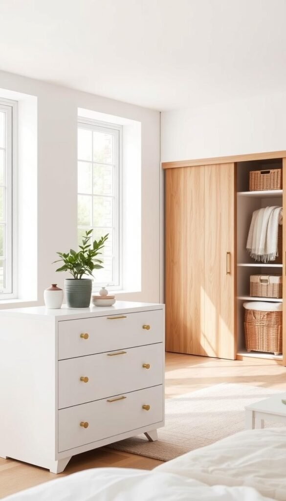 A bright and airy Scandinavian-inspired bedroom with minimalist wood and white furniture pieces. In the foreground, a sleek white dresser with angular lines and subtle brass accents. On top, a potted plant and a few decorative objects create a stylish vignette. In the middle ground, a low-profile wooden wardrobe with sliding doors, seamlessly blending into the room's aesthetic. The background features large windows allowing natural light to flood the space, illuminating the soft textures of woven baskets and throws on built-in shelving units. The overall mood is one of calm, functional elegance.