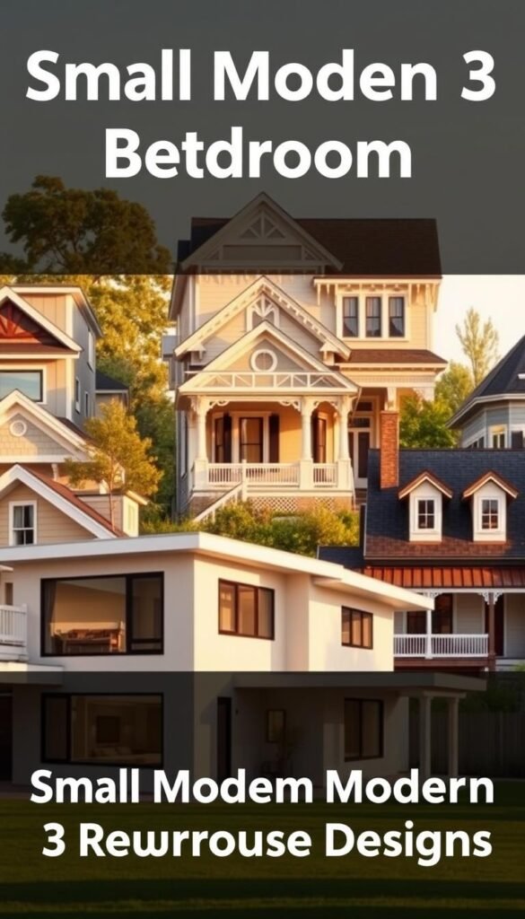 A collection of diverse architectural styles, showcasing the versatility of small modern 3-bedroom house designs. In the foreground, a contemporary minimalist structure with clean lines, large windows, and a sleek roofline. In the middle ground, a classic Victorian-inspired home with intricate details, ornate trimmings, and a wraparound porch. Further back, a rustic farmhouse-style abode with a pitched roof, dormers, and a welcoming front porch. The scene is bathed in warm, golden sunlight, creating a inviting and harmonious atmosphere. Captured with a wide-angle lens to encompass the range of architectural styles, this image represents the endless possibilities for designing your perfect 3-bedroom modern home.