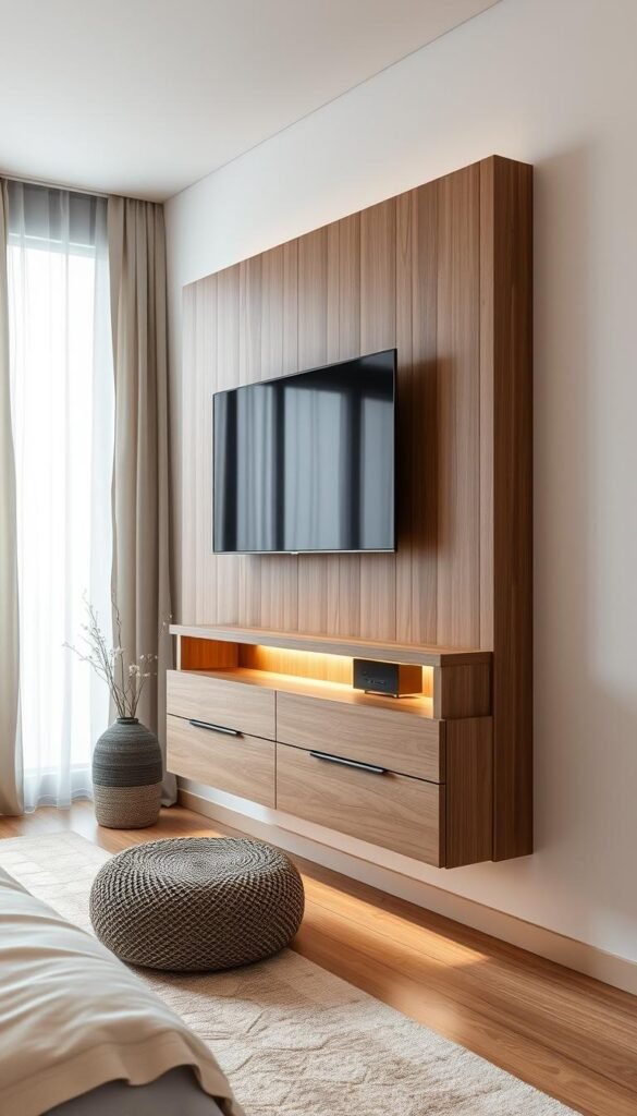 A compact and minimalist space-saving TV unit designed for a modern bedroom. Sleek, floating cabinet in warm wood tones, seamlessly integrated into the wall. Subtle LED lighting illuminates the unit from within, creating a cozy ambiance. The TV is mounted flush, with concealed cable management. Surrounding decor features natural textures and muted colors, complementing the overall serene and harmonious atmosphere. Soft, diffused lighting from a large window casts a gentle glow, emphasizing the clean lines and elegant simplicity of the TV unit's design. The composition is balanced, with the TV unit as the focal point, highlighting its functional yet stylish integration into the bedroom's contemporary aesthetic. A compact and minimalist space-saving TV unit designed for a modern bedroom. Sleek, floating cabinet in warm wood tones, seamlessly integrated into the wall. Subtle LED lighting illuminates the unit from within, creating a cozy ambiance. The TV is mounted flush, with concealed cable management. Surrounding decor features natural textures and muted colors, complementing the overall serene and harmonious atmosphere. Soft, diffused lighting from a large window casts a gentle glow, emphasizing the clean lines and elegant simplicity of the TV unit's design. The composition is balanced, with the TV unit as the focal point, highlighting its functional yet stylish integration into the bedroom's contemporary aesthetic.