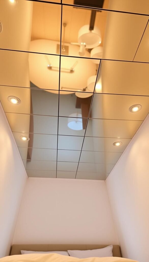 A compact bedroom with a mirrored ceiling that reflects and amplifies the available light, creating an illusion of spaciousness. The reflective panels are arranged in a modern, geometric pattern, their glossy surfaces capturing the warm glow of strategically placed lighting fixtures. Soft, diffused illumination from concealed sources bathes the room in a serene, tranquil ambiance, while the mirrored panels add a touch of luxury and sophistication to the minimalist decor. The result is an intimate, cozy sanctuary that feels open and airy, with the mirrored ceiling acting as a visual enhancement to the small space.