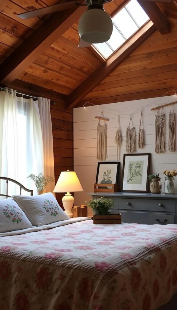 A cozy DIY cottage bedroom, sunlight filtering through sheer curtains, highlighting a rustic wood-beamed ceiling. In the foreground, a handmade quilt-covered bed with embroidered pillows. On the nightstand, a vintage lamp casts a warm glow. Beside it, a small wooden crate holds fresh wildflowers. In the middle ground, a repurposed dresser displays framed botanical prints and a mason jar filled with twine. The background features a wall of shiplap, adorned with macrame wall hangings and string-lights. The scene emanates a sense of charm, comfort, and personal touches that reflect the homeowner's creative spirit. A cozy DIY cottage bedroom, sunlight filtering through sheer curtains, highlighting a rustic wood-beamed ceiling. In the foreground, a handmade quilt-covered bed with embroidered pillows. On the nightstand, a vintage lamp casts a warm glow. Beside it, a small wooden crate holds fresh wildflowers. In the middle ground, a repurposed dresser displays framed botanical prints and a mason jar filled with twine. The background features a wall of shiplap, adorned with macrame wall hangings and string-lights. The scene emanates a sense of charm, comfort, and personal touches that reflect the homeowner's creative spirit.