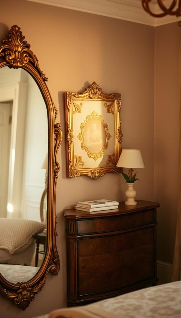 A cozy French country bedroom, bathed in warm, golden light. In the foreground, a pair of vintage gilded mirrors, their intricate frames reflecting the room's tranquil ambiance. In the middle ground, an ornate gilded artwork, its ornate flourishes and muted tones complementing the mirrors' vintage charm. The background features soft, muted textures, adding depth and a sense of timelessness to the scene. The overall mood is one of refined elegance and effortless charm, capturing the essence of a modern French country aesthetic. A cozy French country bedroom, bathed in warm, golden light. In the foreground, a pair of vintage gilded mirrors, their intricate frames reflecting the room's tranquil ambiance. In the middle ground, an ornate gilded artwork, its ornate flourishes and muted tones complementing the mirrors' vintage charm. The background features soft, muted textures, adding depth and a sense of timelessness to the scene. The overall mood is one of refined elegance and effortless charm, capturing the essence of a modern French country aesthetic.