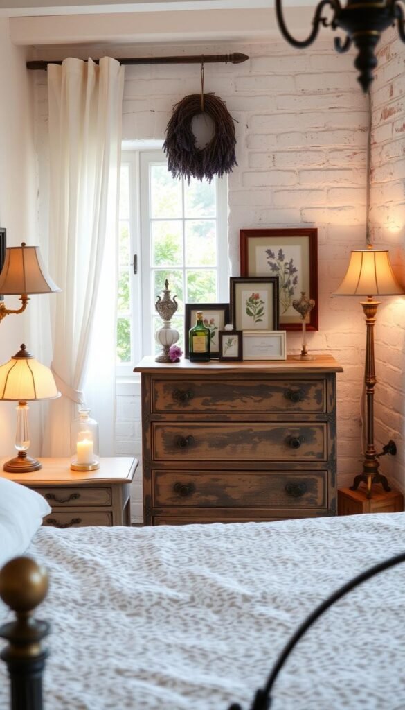 A cozy French country bedroom filled with charming accessories. In the foreground, a delicate lace duvet cover adorns a wrought-iron bed frame. On the nightstands, antique glass lamps emit a warm, soft glow. In the middle ground, a rustic wooden dresser displays vintage perfume bottles and framed botanical prints. The background features a whitewashed brick wall with a wreath of dried lavender and a window overlooking a lush, flower-filled garden. The lighting is natural, diffused through sheer curtains, creating a serene and inviting atmosphere.