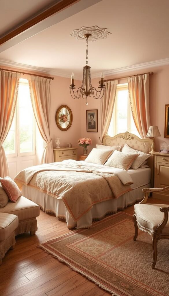 A cozy French country bedroom with a warm, inviting color palette. Soft, muted tones of pink, beige, and cream create a soothing ambiance, accented by natural wood elements and lush textiles. Gentle, diffused lighting casts a golden glow, highlighting the intricate patterns and textures of the bedding, curtains, and vintage-inspired furnishings. The scene is captured through a wide-angle lens, providing a panoramic view of the serene, harmonious space, perfect for a modern interpretation of elegant French style.