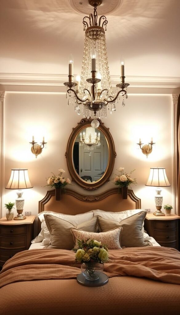 A cozy French-inspired bedroom with a warm, inviting ambiance. The space is bathed in soft, diffused lighting from a central crystal chandelier overhead, casting a gentle glow throughout. Layers of illumination include wall sconces flanking a decorative mirror, and a pair of table lamps on the nightstands. The lighting design creates depth, highlights architectural details, and enhances the elegant, vintage-inspired aesthetic. Textured fabrics, plush furnishings, and delicate floral accents contribute to the serene, sophisticated atmosphere.