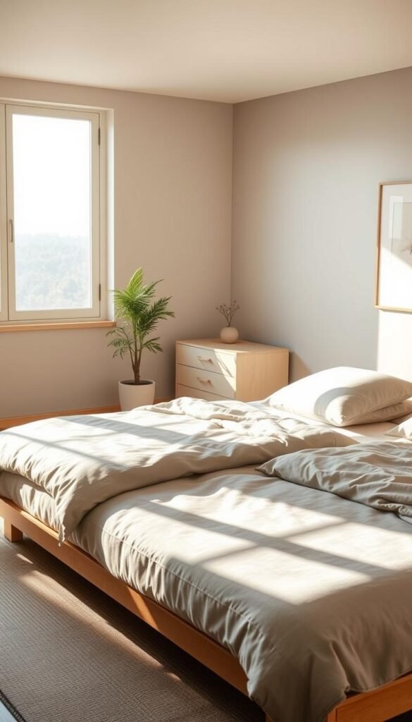 A cozy Japandi-inspired bedroom bathed in natural light, with a soothing palette of beige, gray, and warm wood tones. In the foreground, a low-profile platform bed adorned with plush textiles and minimal decor. Sunlight streams through large windows, casting a soft, diffused glow across the middle ground, where a minimalist dresser and potted plant create a sense of balance and harmony. The background features a neutral-toned accent wall, complemented by a delicate, nature-inspired artwork. The overall atmosphere is one of tranquility, simplicity, and an embrace of the outdoors, embodying the essence of a modern, Zen-inspired space.