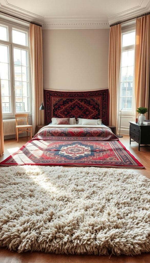A cozy Parisian bedroom, adorned with a layered arrangement of sumptuous rugs. In the foreground, a plush, shaggy rug in a neutral tone grounds the space, its soft fibers inviting barefoot steps. Atop it, a vibrant, patterned rug in jewel-toned hues adds depth and visual interest, its intricate design creating a captivating focal point. In the middle ground, a third rug, a sleek and modern kilim in earthy tones, seamlessly blends the two, tying the layers together. Natural light streams in through large windows, casting a warm, golden glow and highlighting the luxurious textures. The overall atmosphere is one of refined elegance and enveloping comfort, perfect for a Parisian-inspired modern bedroom retreat. A cozy Parisian bedroom, adorned with a layered arrangement of sumptuous rugs. In the foreground, a plush, shaggy rug in a neutral tone grounds the space, its soft fibers inviting barefoot steps. Atop it, a vibrant, patterned rug in jewel-toned hues adds depth and visual interest, its intricate design creating a captivating focal point. In the middle ground, a third rug, a sleek and modern kilim in earthy tones, seamlessly blends the two, tying the layers together. Natural light streams in through large windows, casting a warm, golden glow and highlighting the luxurious textures. The overall atmosphere is one of refined elegance and enveloping comfort, perfect for a Parisian-inspired modern bedroom retreat.