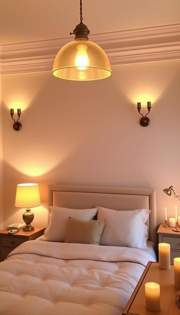 A cozy Parisian bedroom with warm, layered lighting. Soft, golden floor lamps casting a gentle glow, complemented by a delicate pendant light suspended above the bed. Diffused sconces on the walls provide ambient illumination, while candles on the nightstands and dresser add a touch of romantic ambiance. The overall effect creates a serene, inviting atmosphere, perfect for setting the mood for a peaceful night's rest.