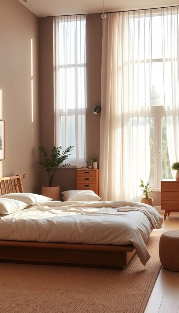 A cozy Scandinavian bedroom with a serene, minimalist aesthetic. In the foreground, a low-profile platform bed with a soft, light-colored duvet and plush pillows. Delicate sheer curtains frame the large windows, allowing natural light to pour in and create a soothing, airy ambiance. The walls are painted in a muted, earthy tone, complemented by the warm tones of the light wood furniture - a nightstand, dresser, and shelving unit. A finely woven area rug and potted plants add subtle textural accents, while the overall space conveys a sense of calm and tranquility.