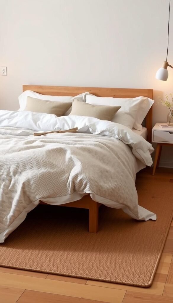 A cozy Scandinavian-inspired bedroom with a plush, natural-fiber duvet set in a soothing neutral palette. Warm overhead lighting casts a soft, diffused glow, accentuating the textured weave of the bedding. Crisp white sheets and a linen-blend comforter create a tranquil, minimalist aesthetic, while a subtle herringbone pattern adds visual interest. Pillows in a range of complementary hues and fabrics, from pure cotton to brushed wool, invite relaxation. The bed is framed by a simple wooden headboard, blending seamlessly with the clean-lined furniture. Warm wooden floors and a natural-fiber area rug ground the space in an organic, calming atmosphere.