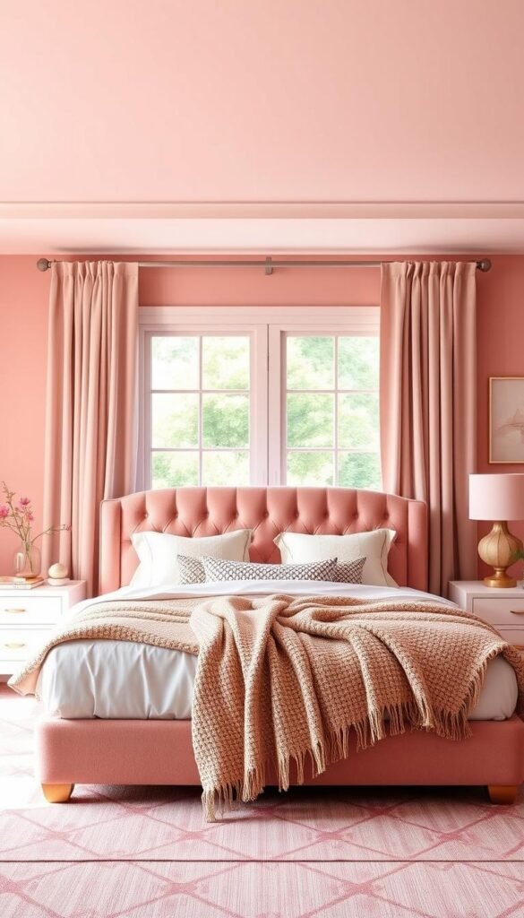 A cozy and chic single accent color pink bedroom design. A warm, soft pink wall creates a serene and inviting atmosphere. In the foreground, a plush, tufted pink velvet headboard takes center stage, flanked by minimalist white nightstands. Delicate pink curtains frame the large windows, allowing natural light to flood the space. Accents of gold and wood tones add depth and sophistication. Subtle textural elements like a chunky knit throw and patterned pillows add visual interest. Carefully arranged decor, such as a pink table lamp and vase of flowers, complete the refined yet relaxing look. Lighting is soft and indirect, creating a tranquil, spa-like ambiance.