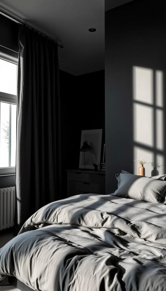 A cozy and dramatic bedroom with charcoal gray walls, illuminated by soft, diffused lighting. In the foreground, thick, luxurious blackout curtains in a deep, inky shade frame the window, casting dramatic shadows across the room. The middle ground features a plush, oversized bed with muted gray linens, creating a sense of warmth and comfort. The background showcases minimal, modern decor elements that complement the overall moody, sophisticated aesthetic. The overall atmosphere evokes a sense of serene, tranquil relaxation, perfect for a restful night's sleep.