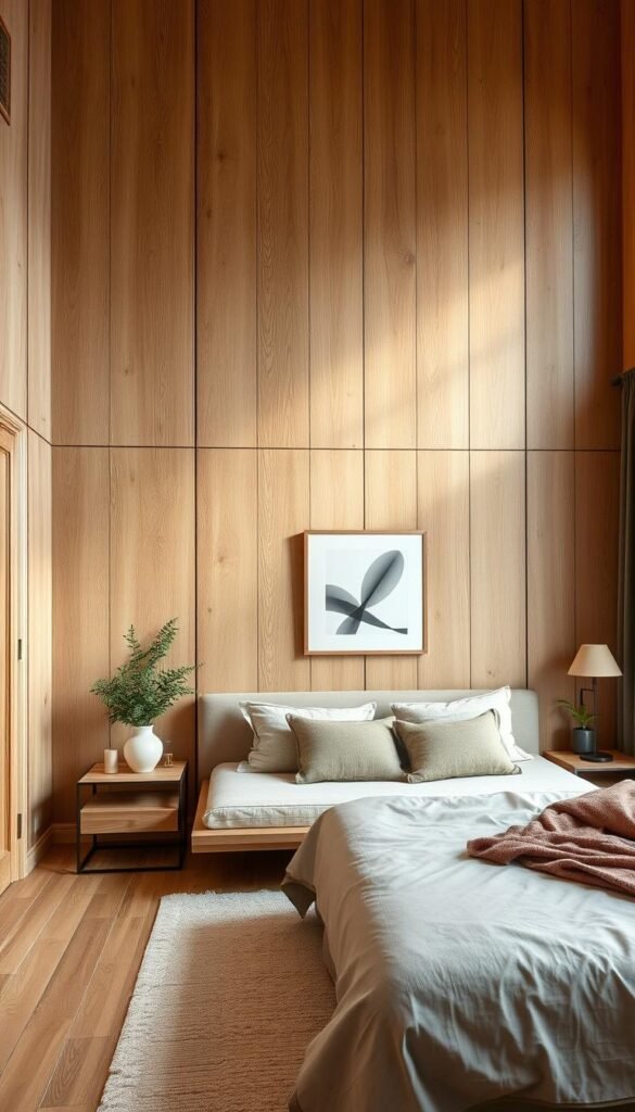 A cozy and elegant bedroom featuring a stunning white oak paneled wall. The natural grain and warm tones of the wood create a sense of refined sophistication, while the soft, diffused lighting casts a welcoming glow. The paneling extends from the floor to the high ceiling, accentuating the room's spaciousness. Carefully placed artwork and plants complement the organic, rustic aesthetic, inviting a serene and relaxing atmosphere. The scene is captured through a wide-angle lens, emphasizing the harmonious balance of the design elements and the overall inviting ambiance of the space.