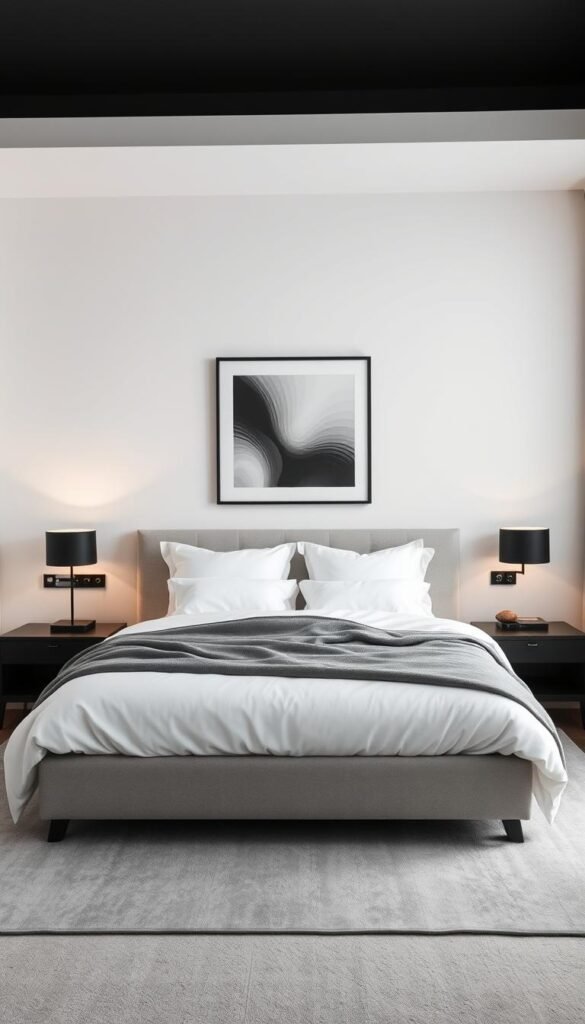 A cozy and elegant black and white bedroom with soft, muted accents. In the foreground, a plush king-size bed with crisp white linens, a soft gray blanket, and fluffy white pillows. Surrounding the bed, a pair of black nightstands with minimalist lamps casting a warm, ambient glow. In the middle ground, a large, modern window with sheer curtains, allowing natural light to filter in and create a serene, airy atmosphere. The walls are painted in a subtle, off-white hue, complemented by a sleek, black framed artwork. The floor is covered in a soft, gray area rug, adding a touch of texture. The overall mood is one of sophistication and tranquility, perfect for a restful and elegant retreat. A cozy and elegant black and white bedroom with soft, muted accents. In the foreground, a plush king-size bed with crisp white linens, a soft gray blanket, and fluffy white pillows. Surrounding the bed, a pair of black nightstands with minimalist lamps casting a warm, ambient glow. In the middle ground, a large, modern window with sheer curtains, allowing natural light to filter in and create a serene, airy atmosphere. The walls are painted in a subtle, off-white hue, complemented by a sleek, black framed artwork. The floor is covered in a soft, gray area rug, adding a touch of texture. The overall mood is one of sophistication and tranquility, perfect for a restful and elegant retreat.
