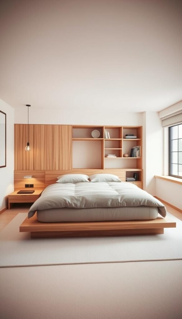 A cozy and functional Japandi-inspired bedroom with a modern, minimalist aesthetic. In the foreground, a low-profile platform bed with a natural wood frame and a plush, neutral-toned comforter. Flanking the bed, a pair of sleek, angular nightstands with integrated task lighting. In the middle ground, a multifunctional storage unit serves as a dresser, bookshelf, and workspace, its clean lines and warm wood tones complementing the overall design. Soft, diffused lighting from a large window creates a serene, calming atmosphere, while a neutral color palette of whites, grays, and natural wood tones evokes a sense of tranquility. The result is a harmonious, versatile space that blends Japanese and Scandinavian design principles for maximum functionality and aesthetic appeal.