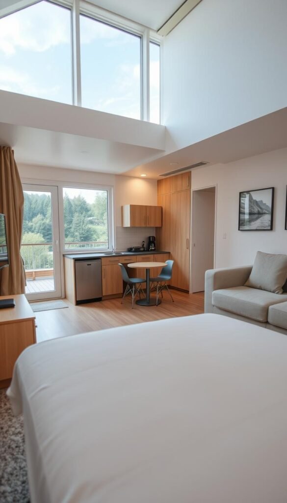 A cozy and functional living space with an abundance of natural light, clean lines, and minimalist decor. A large window dominates the foreground, providing a panoramic view of a serene outdoor landscape. In the middle ground, a compact kitchenette with sleek, modern appliances and a dining area with a small round table and two chairs. The background features a comfortable, versatile seating area with a plush sofa and armchair, complemented by warm, diffused lighting. The overall atmosphere is one of efficiency, tranquility, and thoughtful design, capturing the essence of a small, contemporary 3-bedroom home.