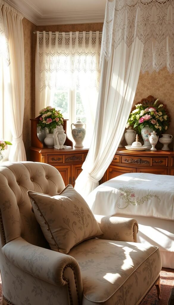 A cozy and inviting French country bedroom, bathed in soft, natural light streaming through lace-draped windows. In the foreground, a plush, tufted armchair upholstered in a delicate floral print, complemented by a plush throw pillow in a matching pattern. On the bed, luxurious linens in a soothing palette of blues and whites, accented with embroidered accents and a sheer, lace-trimmed canopy. In the middle ground, a wooden dresser adorned with intricate, hand-carved details, its surface adorned with an array of porcelain vases and fragrant blooms. The background features a warm, textured wallpaper in a muted palette, echoing the overall sense of rustic elegance and timeless charm.