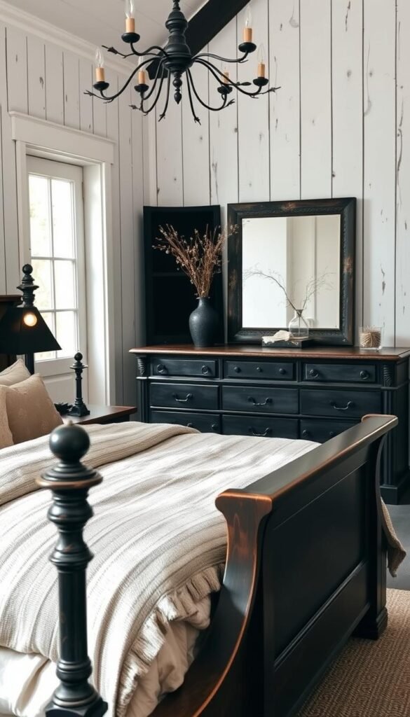 A cozy and inviting French country bedroom with dark accented furnishings. In the foreground, a sturdy, dark-stained wood bed frame with plush bedding in neutral tones. On the nightstands, moody black metal lamps cast a warm glow. The middle ground features a rustic dresser in a deep charcoal finish, complemented by a vintage mirror with an aged, blackened frame. The background showcases whitewashed wood paneling, creating a soft, tranquil atmosphere. Delicate botanical accents, such as a potted plant or dried florals, add a touch of organic elegance. The scene is illuminated by a mix of natural light from a large window and subtle ambient lighting, resulting in a refined, sophisticated ambiance.