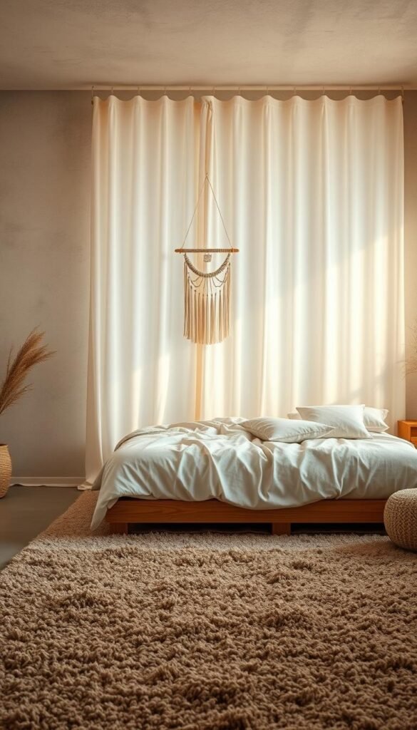 A cozy and inviting Japanese-inspired bedroom with a tranquil, tactile atmosphere. The foreground features a plush, textured area rug in muted earth tones, complemented by a low wooden platform bed with a linen duvet and oversized decorative pillows. In the middle ground, a set of floor-to-ceiling sheer curtains in a soft, natural fabric billows gently, filtering the warm, diffused lighting. The background showcases a textured, limewashed wall with minimal, calming decor such as a hanging macrame wall hanging and a wooden nightstand with a single potted plant. The overall mood is serene, harmonious, and inviting, conveying a sense of modern Japandi style.