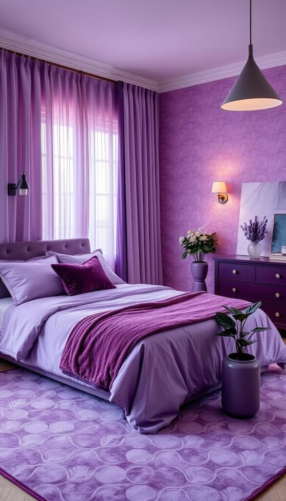 A cozy and inviting bedroom bathed in a soothing spectrum of purple hues. The focal point is a luxurious bed draped in lavender linens, accented by lush plum-colored velvet pillows. Sheer curtains in a soft lilac shade filter the natural light, casting a warm, ethereal glow throughout the space. The walls are adorned with a delicate wallpaper pattern in a rich eggplant tone, complemented by a plush aubergine-colored area rug underfoot. Strategically placed task lighting, such as minimalist sconces and a sleek pendant lamp, create a harmonious balance of illumination. An elegant dresser in a deep amethyst stain stands as a striking contrast, while a potted plant in a vibrant violet hue adds a refreshing touch of nature. The overall atmosphere is one of tranquility and sophistication, perfect for a modern purple bedroom retreat.