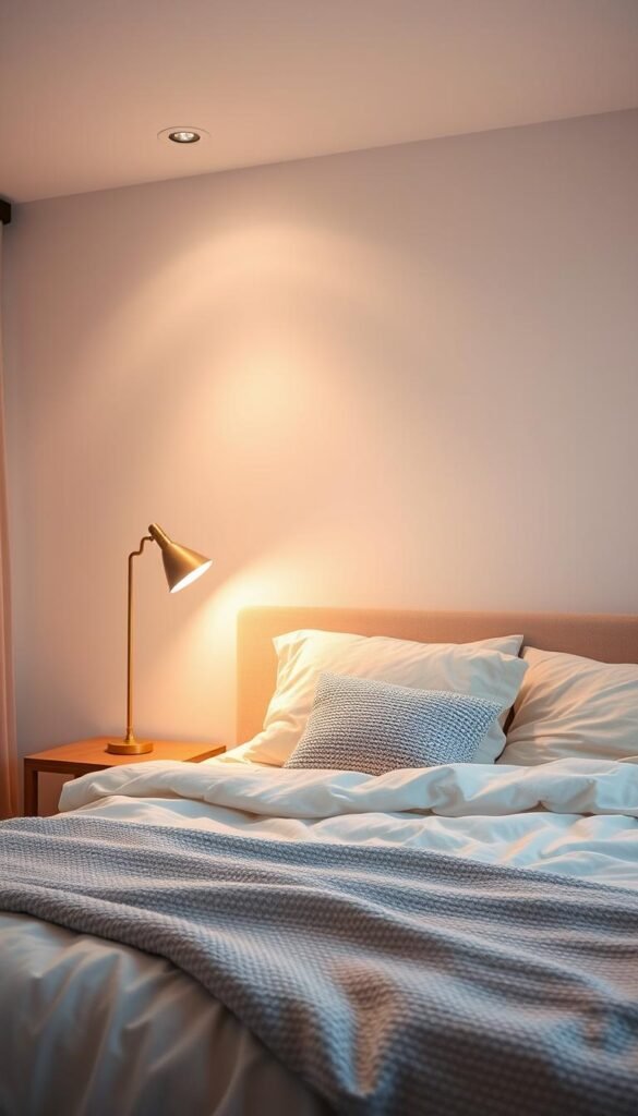 A cozy and inviting bedroom bathed in soft, diffused lighting. The scene features a plush, pastel-colored bed with fluffy pillows and a textured throw blanket, set against a neutral, minimalist wall backdrop. The lighting is warm and ambient, with a combination of subtle overhead fixtures and a single floor lamp casting a gentle glow throughout the space. The overall atmosphere is serene, calming, and conducive to relaxation, evoking a sense of tranquility and comfort.