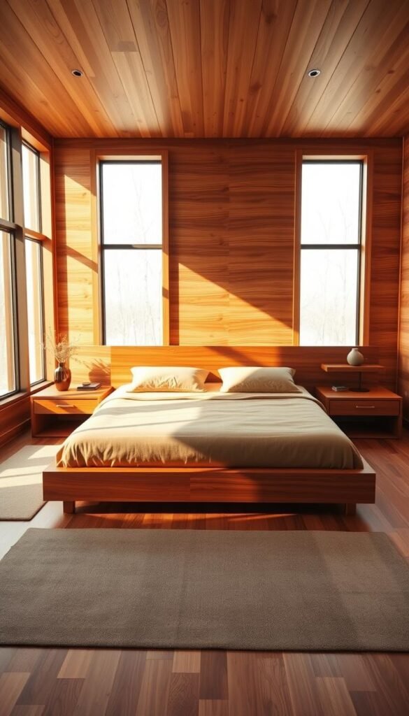 A cozy and inviting bedroom design with a harmonious blend of warm wood tones. Capture a serene atmosphere with natural lighting filtering through large windows, illuminating a spacious layout. In the foreground, a low-profile platform bed with a wood headboard and matching nightstands create a cohesive aesthetic. The middle ground features smooth wooden floors in a rich, earthy hue, complemented by minimalist area rugs. The background showcases wooden wall panels or beams that seamlessly integrate the bed into the surroundings, evoking a sense of tranquility and balance. Subtle textures, such as knots and grains, add depth and character to the overall design. Achieve a modern, yet organic feel through the harmonious use of wood throughout the space.