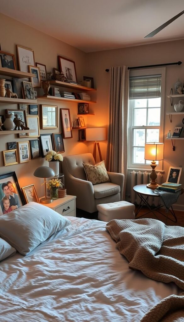 A cozy and inviting bedroom, filled with personalized decor that reflects the occupant's unique personality and interests. In the foreground, a neatly-made bed adorned with plush pillows and a soft, textured blanket. On the nightstand, a framed photograph of loved ones, a delicate floral arrangement, and a vintage-inspired table lamp casting a warm, ambient glow. Along the walls, shelves display an eclectic mix of cherished trinkets, artwork, and sentimental mementos, creating a harmonious and visually interesting display. The middle ground features a cozy reading nook with a plush armchair and a side table holding a stack of well-loved books. In the background, a large window allows natural light to flood the space, illuminating the personalized touches that make this bedroom a truly unique and inviting sanctuary. A cozy and inviting bedroom, filled with personalized decor that reflects the occupant's unique personality and interests. In the foreground, a neatly-made bed adorned with plush pillows and a soft, textured blanket. On the nightstand, a framed photograph of loved ones, a delicate floral arrangement, and a vintage-inspired table lamp casting a warm, ambient glow. Along the walls, shelves display an eclectic mix of cherished trinkets, artwork, and sentimental mementos, creating a harmonious and visually interesting display. The middle ground features a cozy reading nook with a plush armchair and a side table holding a stack of well-loved books. In the background, a large window allows natural light to flood the space, illuminating the personalized touches that make this bedroom a truly unique and inviting sanctuary.
