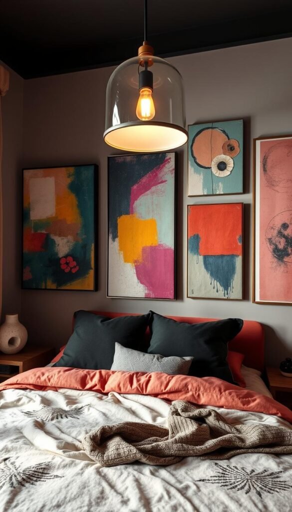 A cozy and inviting bedroom sanctuary, adorned with captivating wall art that reflects the owner's unique personality. Vibrant abstract paintings in a range of colors and textures, complemented by minimalist sculptural pieces, create a harmonious and visually stimulating environment. Soft, warm lighting from a sleek pendant fixture casts a gentle glow, accentuating the textures and hues of the artwork. The scene is captured through a wide-angle lens, showcasing the thoughtful integration of the artistic expressions into the overall bedroom design, inspiring a sense of creativity and self-expression.