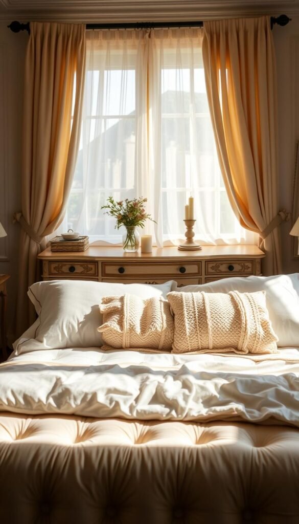 A cozy and inviting bedroom scene, bathed in warm, natural lighting. In the foreground, a plush, tufted headboard is flanked by fluffy, oversized pillows in a soothing neutral palette. Layered atop a luxurious, high-thread-count duvet cover are a soft, knitted throw and delicate lace doilies, creating a sumptuous and textural display. The middle ground features a pair of antique nightstands, topped with gently flickering candles and a vase of freshly cut wildflowers. In the background, sheer, cascading curtains frame a large window, allowing natural light to filter in and accentuate the soft, muted tones throughout the space. A cozy and inviting bedroom scene, bathed in warm, natural lighting. In the foreground, a plush, tufted headboard is flanked by fluffy, oversized pillows in a soothing neutral palette. Layered atop a luxurious, high-thread-count duvet cover are a soft, knitted throw and delicate lace doilies, creating a sumptuous and textural display. The middle ground features a pair of antique nightstands, topped with gently flickering candles and a vase of freshly cut wildflowers. In the background, sheer, cascading curtains frame a large window, allowing natural light to filter in and accentuate the soft, muted tones throughout the space.