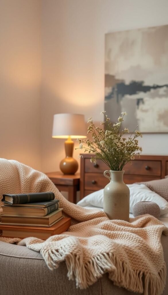 A cozy and inviting bedroom scene with a focus on personal decor accents. In the foreground, a plush throw blanket drapes over a comfortable armchair, complemented by a stack of well-worn books and a ceramic vase filled with fresh wildflowers. In the middle ground, a wooden side table holds a vintage table lamp, casting a warm, golden glow across the space. On the far wall, a large piece of abstract art in muted tones adds a touch of sophistication. The overall atmosphere is one of relaxation and quiet reflection, creating a welcoming ambiance for personal touches and meaningful details.