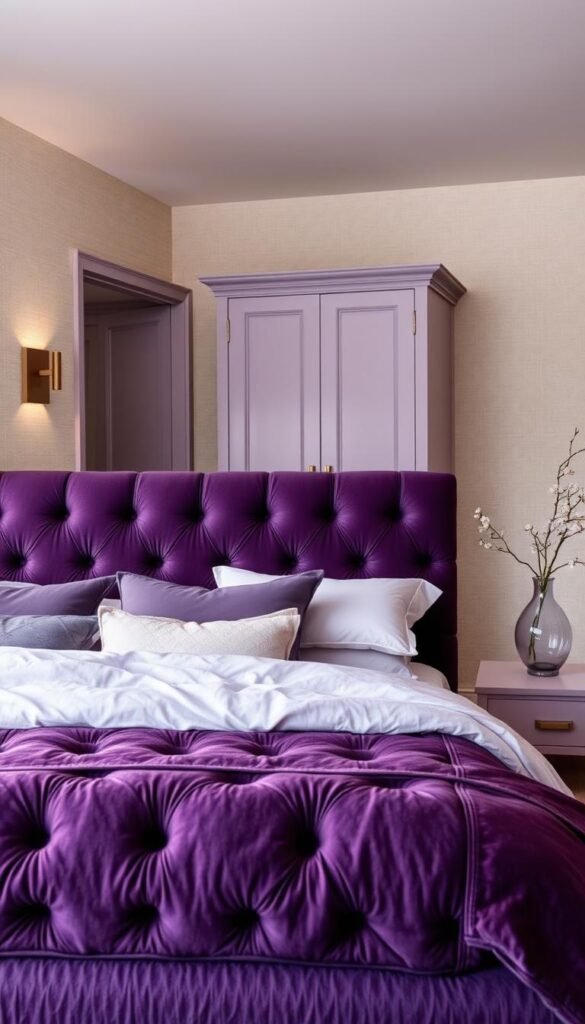A cozy and inviting bedroom with a focus on various purple shades. In the foreground, a plush, tufted headboard in a deep eggplant hue creates a bold, luxurious focal point. Layered atop the bed are linens in a range of complementary purple tones, from soft lavender to rich amethyst, creating a harmonious and visually appealing palette. Soft, diffused lighting from a pair of modern, minimalist wall sconces casts a warm glow, enhancing the serene atmosphere. In the middle ground, a freestanding wardrobe in a muted lilac finish adds a touch of elegance, while a delicate, flowering branch in a vase on the nightstand introduces a natural, earthy element. The background features a neutral, textured wall, allowing the various shades of purple to take center stage and inspire a sense of tranquility and relaxation.