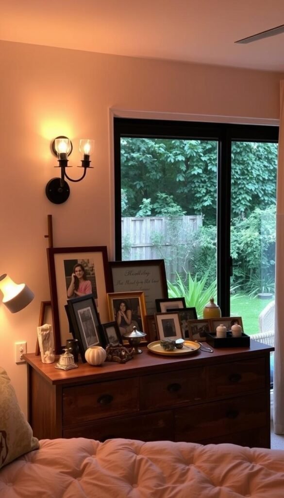 A cozy and inviting bedroom with a meticulously curated personal collection displayed on a rustic wood and metal dresser. The scene is bathed in warm, soft lighting from a pair of vintage-inspired wall sconces, casting a gentle glow on the eclectic mix of trinkets, framed photographs, and decorative items. In the background, a large window overlooks a lush, verdant garden, adding a touch of natural serenity to the space. The overall aesthetic is a harmonious blend of modern and vintage elements, reflecting the owner's unique style and personality.
