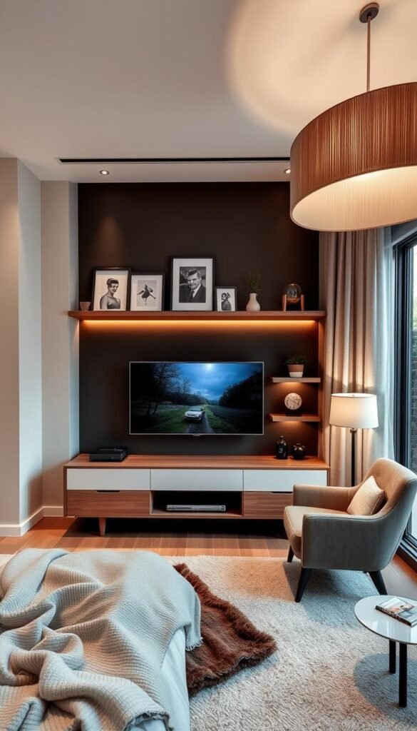 A cozy and inviting bedroom with a thoughtfully designed TV unit setup. The centerpiece is a modern, minimalist TV stand with clean lines and a warm, wooden finish, complemented by sleek, floating shelves displaying personal decor pieces. Ambient lighting from recessed ceiling fixtures and a plush, oversized floor lamp creates a soft, atmospheric glow, while large windows bathe the space in natural light. Textured bedding, a comfortable armchair, and a small side table with a reading lamp contribute to the overall sense of a personalized and relaxing viewing experience. A cozy and inviting bedroom with a thoughtfully designed TV unit setup. The centerpiece is a modern, minimalist TV stand with clean lines and a warm, wooden finish, complemented by sleek, floating shelves displaying personal decor pieces. Ambient lighting from recessed ceiling fixtures and a plush, oversized floor lamp creates a soft, atmospheric glow, while large windows bathe the space in natural light. Textured bedding, a comfortable armchair, and a small side table with a reading lamp contribute to the overall sense of a personalized and relaxing viewing experience.