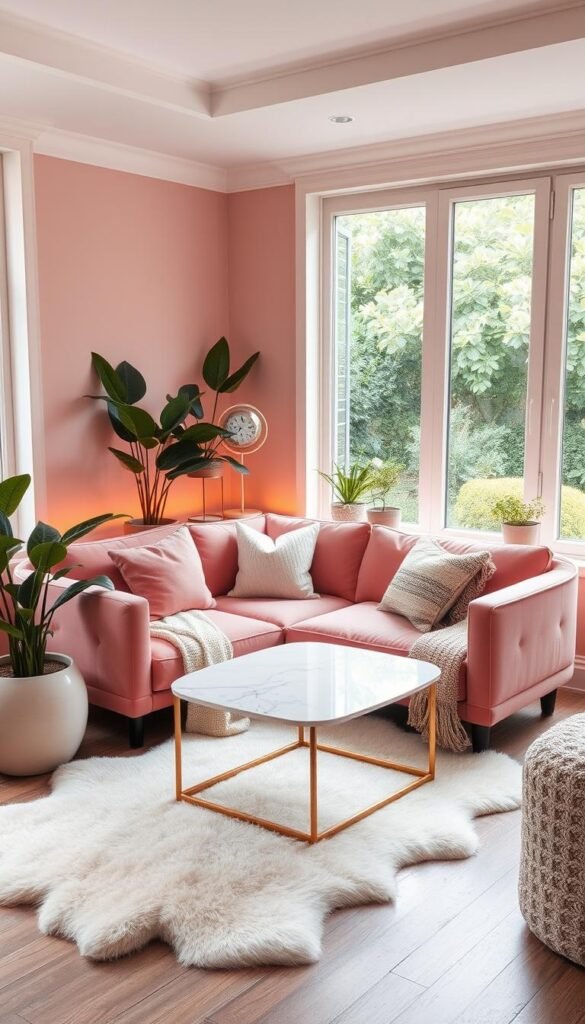 A cozy and inviting blush pink lounge nook with a plush velvet sofa, lush potted plants, and a warm, diffused lighting setup. The nook is positioned in a corner, with floor-to-ceiling windows providing a serene garden view. A stylish marble-top coffee table, along with a fluffy sheepskin rug, completes the intimate and relaxing ambiance. Soft textiles, such as a knit throw blanket and patterned accent pillows, add depth and texture to the space. The overall aesthetic is one of modern sophistication and soothing, feminine charm.