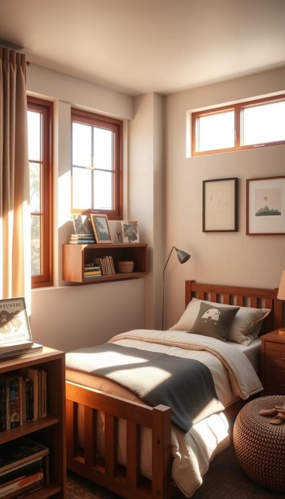 A cozy and inviting boys' bedroom with subtle thematic decor. The room features warm, natural lighting streaming through large windows, casting a soft glow over the space. In the foreground, a wooden bookshelf displays a curated collection of adventure-themed books and small trinkets, hinting at the child's interests. The middle ground showcases a comfortable twin-sized bed with crisp, neutral bedding and a few decorative pillows in muted, earthy tones. On the walls, simple yet stylish wall art, such as a framed map or a minimalist landscape painting, adds a touch of personality without overwhelming the space. The overall atmosphere is one of calm, understated elegance, encouraging imagination and exploration.