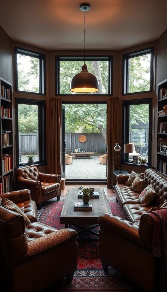 A cozy and inviting lounge space for a modern boys' room, bathed in warm, soft lighting from a pendant lamp. Plush, tufted leather armchairs and a deep-cushioned sofa in earthy tones surround a low, wooden coffee table. Bookshelves line the walls, filled with vintage books and personal mementos. Large windows offer views of a lush, tree-lined backyard, creating a peaceful, nature-inspired ambiance. Patterned rugs and textiles add texture and visual interest, while subtle metallic accents lend an industrial-chic vibe. This intimate retreat offers a comfortable escape for relaxation, reading, or casual hangouts with friends.