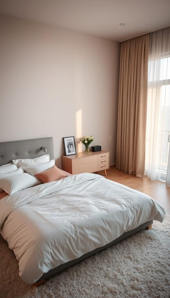 A cozy and inviting modern bedroom with personalized elements. In the foreground, a plush king-sized bed with soft, white linens and a textured gray headboard. On the bedside tables, a pair of minimalist table lamps and personal trinkets like framed photos and a small potted plant. The middle ground features a low-profile dresser with clean lines and a vase of fresh flowers. Across the room, a large window with sheer curtains allows natural light to flood the space, casting a warm, romantic glow. The walls are painted in a soothing, neutral tone, and the floor is covered in a plush, ivory area rug. The overall atmosphere is one of tranquility, intimacy, and understated sophistication.