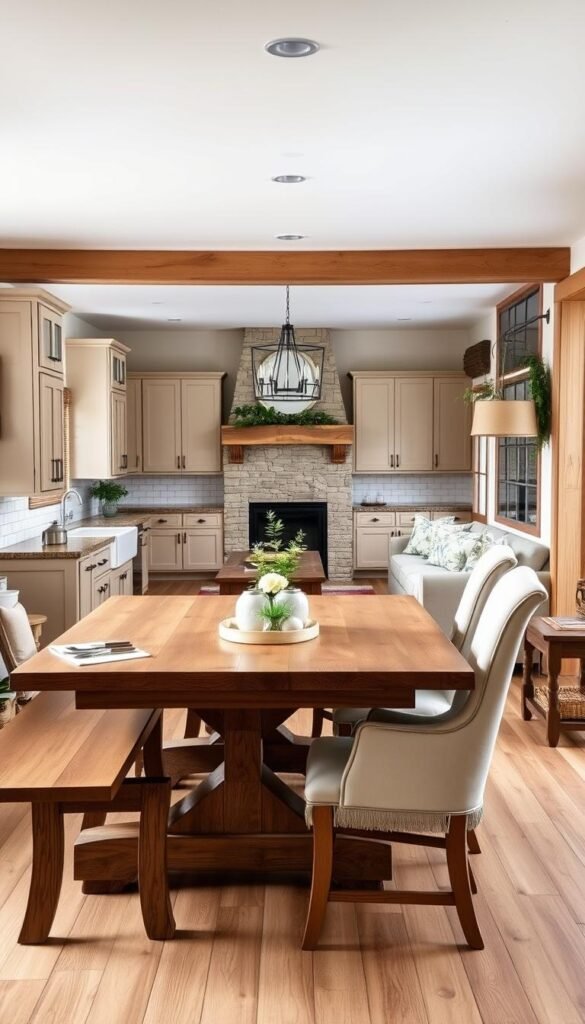 A cozy and inviting modern farmhouse interior, showcasing natural wood elements, vintage-inspired accents, and a warm, neutral color palette. A wooden farmhouse-style dining table with rustic benches sits in the foreground, flanked by a pair of classic wingback chairs. In the middle ground, a large, open-concept kitchen features shaker-style cabinets, subway tile backsplash, and a farmhouse-style sink. The background depicts a cozy living area with a neutral-toned sofa, a plush area rug, and a stone fireplace mantel adorned with seasonal decor. Soft, diffused lighting illuminates the space, creating a welcoming and relaxed atmosphere.