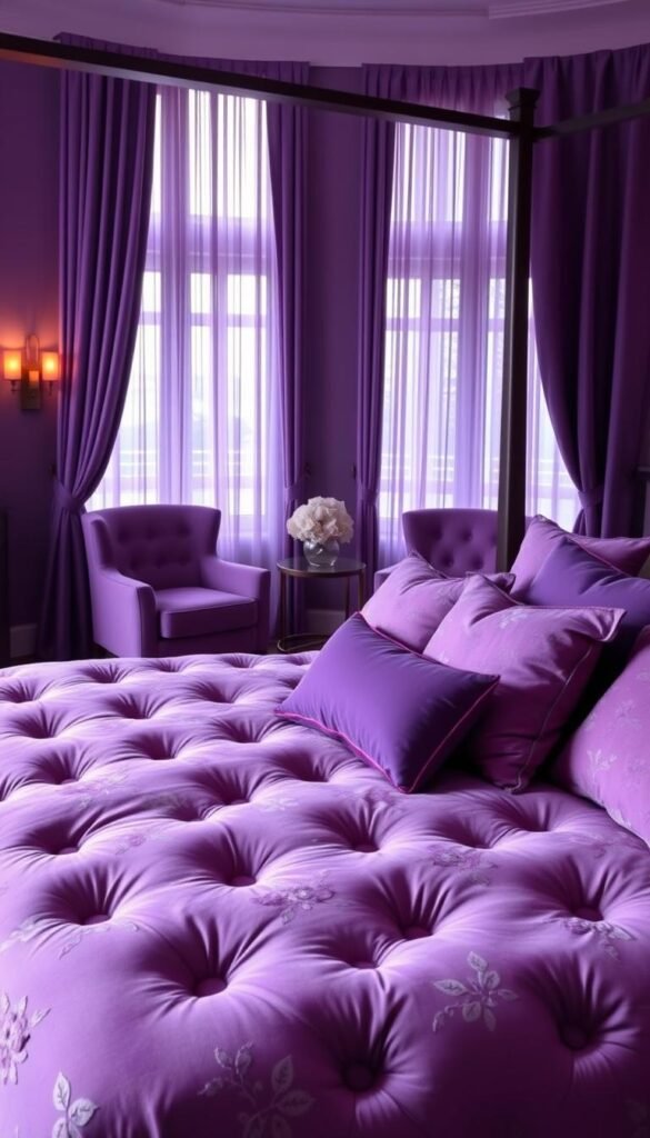 A cozy and inviting purple-hued bedroom scene. In the foreground, a plush, tufted purple bedspread adorned with delicate floral patterns covers a grand four-poster bed. Fluffy purple pillows in various shades and textures are artfully arranged, creating a visually stunning and tactile display. The middle ground features a pair of matching purple velvet armchairs, their curved silhouettes adding a touch of elegant sophistication. Indirect lighting from hidden sconces casts a warm, gentle glow, enhancing the luxurious ambiance. The background showcases a pair of tall windows, their frames draped with sheer purple curtains that softly billow in a gentle breeze. Overall, the scene evokes a sense of tranquility, comfort, and refined modern elegance.