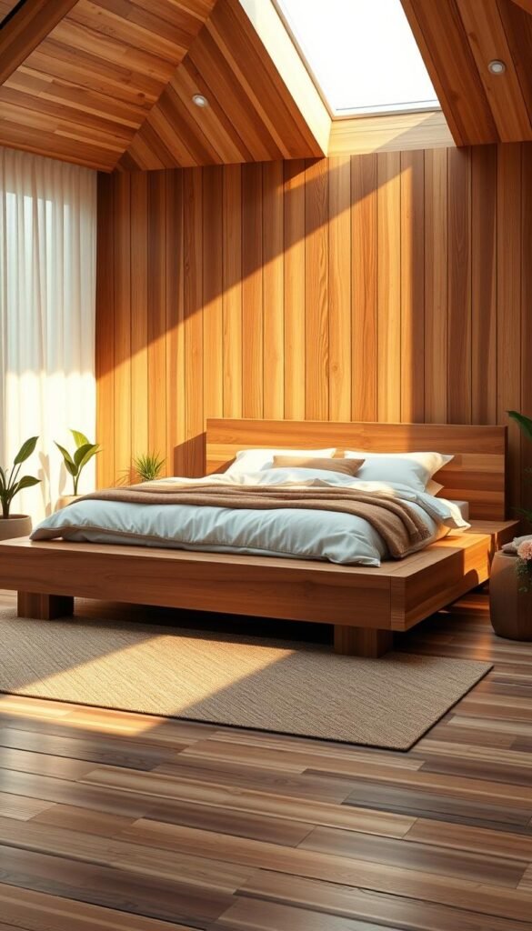 A cozy and inviting wooden bed design, bathed in warm, natural lighting. A minimalist platform bed frame in a rich, honey-toned wood, complemented by a plush, cream-colored duvet and coordinating textiles. Surrounding the bed, a serene, zen-inspired atmosphere with strategically placed potted plants and subtle, indirect lighting. The composition showcases the beauty and versatility of wood, creating a serene, spa-like ambiance that exudes modern, refined elegance.