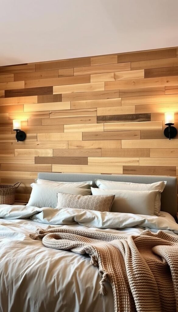 A cozy and rustic bedroom with a statement wood accent wall. The wall features a mix of warm-toned natural wood planks arranged in a staggered, asymmetrical pattern. Soft, indirect lighting from wall sconces casts a gentle glow, accentuating the texture and grain of the wood. In the foreground, a plush, neutral-toned bedding set invites relaxation, complemented by natural fiber accents like a woven basket and a chunky knit throw. The overall mood is one of tranquility and understated elegance, blending rustic charm with modern sensibilities.