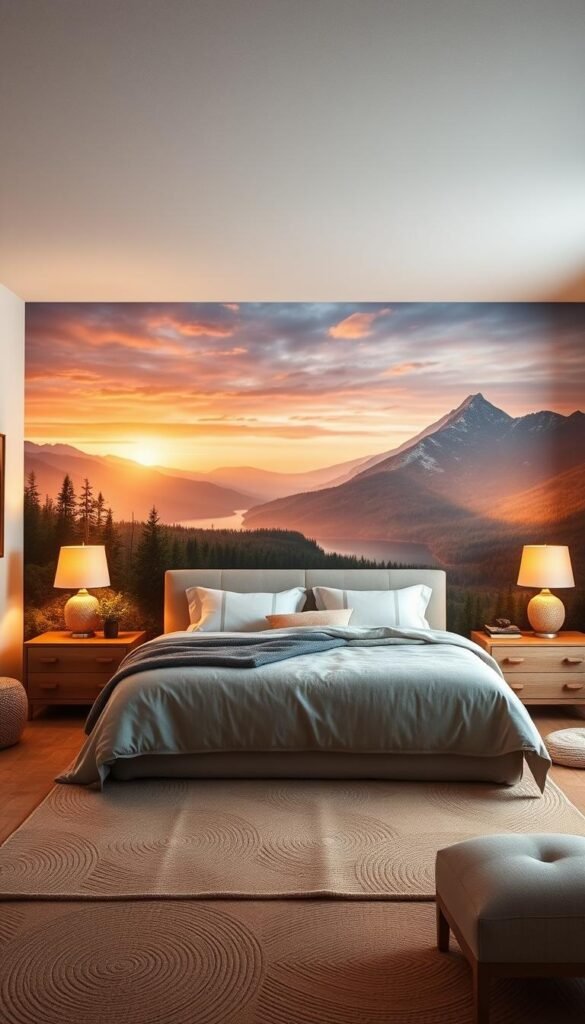 A cozy and serene bedroom with a breathtaking accent wall featuring a scenic landscape wallpaper. The wallpaper depicts a majestic mountain range, with lush forests, a tranquil lake, and a stunning sunset sky. Soft, warm lighting illuminates the room, creating a peaceful and relaxing ambiance. The bedroom furniture, including a large, plush bed and matching nightstands, complement the natural tones of the wallpaper. The room is filled with natural textures, such as woven rugs and wooden accents, adding to the overall sense of comfort and luxury.